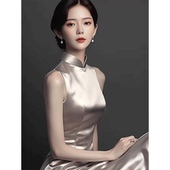 新中式 国风改良旗袍端庄大气高级感醋酸缎面风情万种立领连衣裙夏