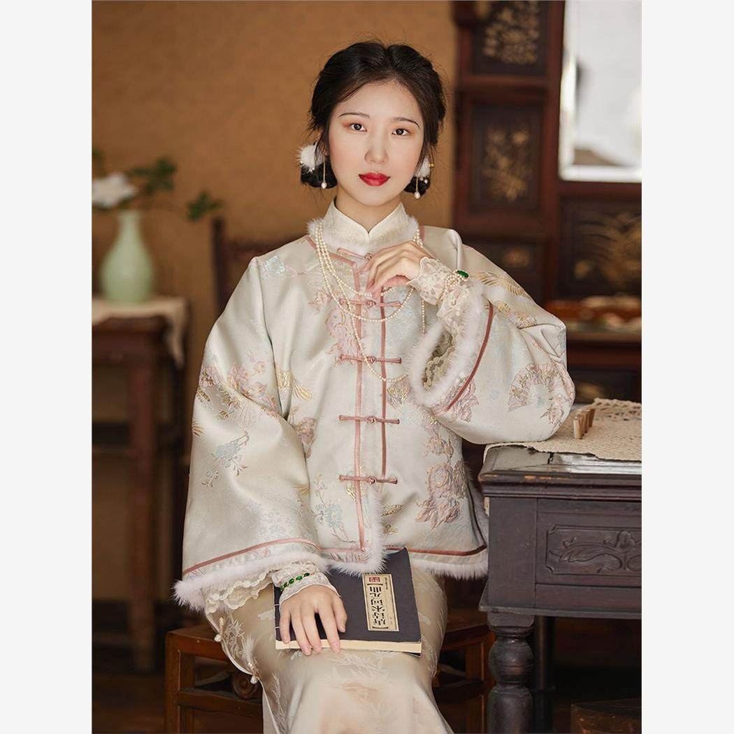 尘香如故想入芳菲秋冬印花加厚夹棉上袄少女对襟倒大袖中式上衣