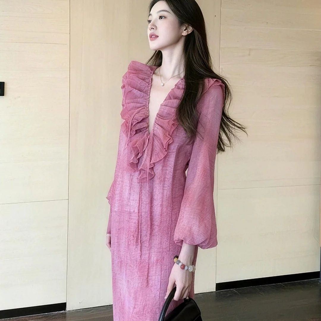 玫红色连衣裙女春法式轻