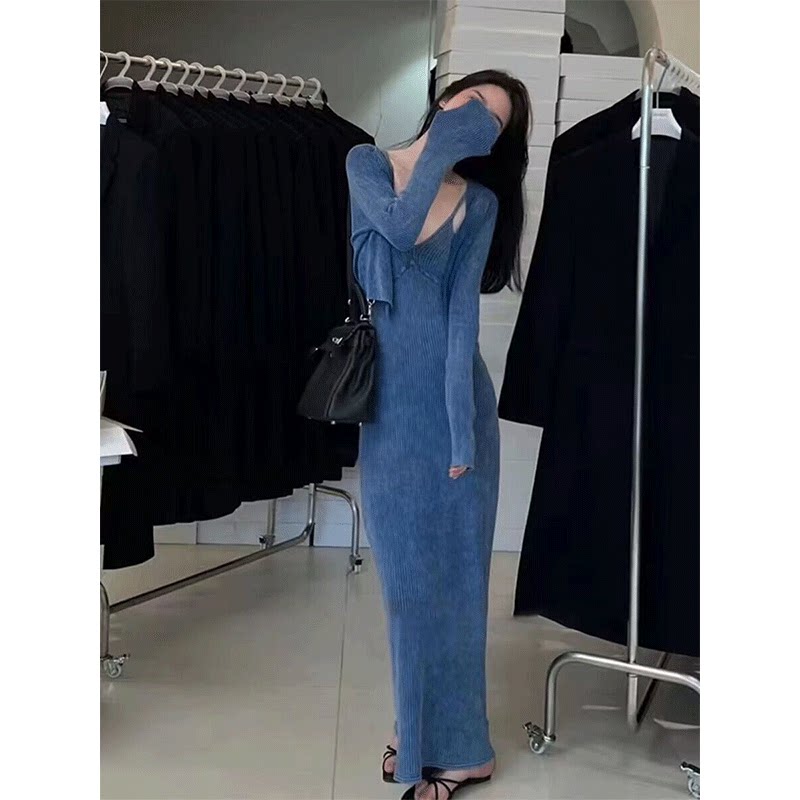 套装女2024秋季新款轻熟风短款针织开衫气质收腰吊带连衣裙两件套