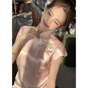 新中式女装2023新款国风高级感年轻款少女粉色改良旗袍裙连衣裙女