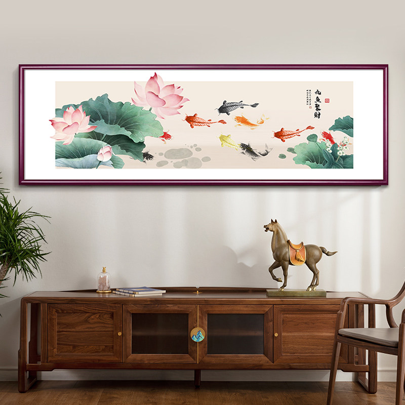 速发荷花九鱼图墙沙式客厅装饰画中发背景新挂画荷韵书房卧室茶室