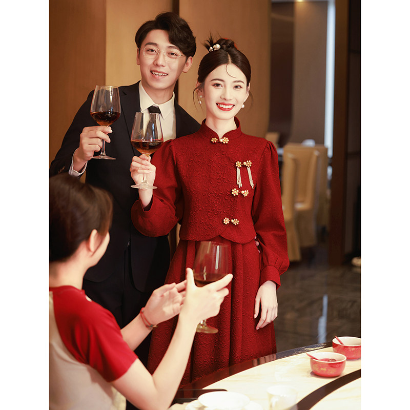 速发新中式旗袍新酒子敬娘红色回门连衣裙小个服订婚礼服秋冬长袖