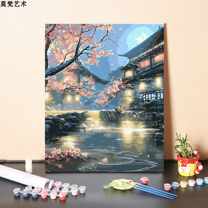 速发数字油画手古填充中国风工代夜晚桃花花园亭台油阁涂色楼彩画