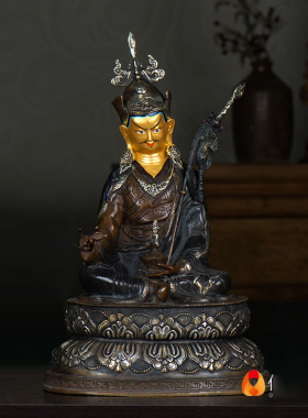 速发莲花生大师铜摆饰 居家用品摆件全铜雕花镀银12寸双座 莲花生