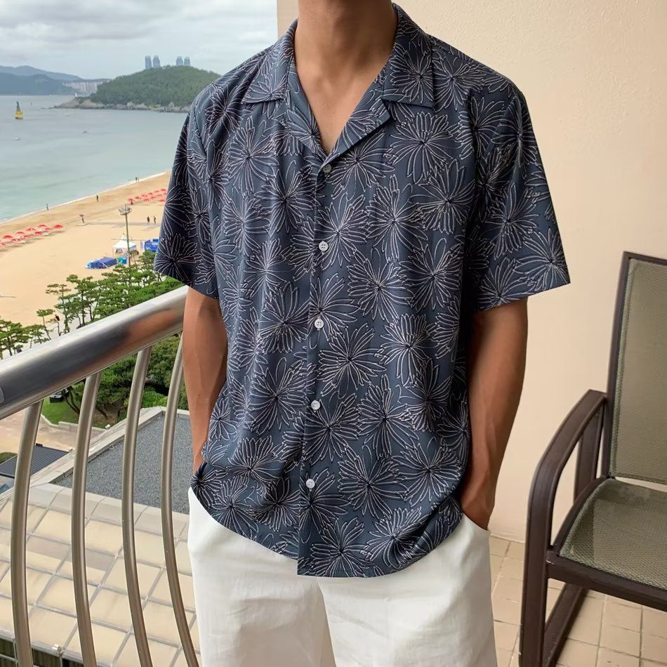 日本品质港风印花短袖衬衫夏季垂感休闲半袖衬衣男士宽松设计感小