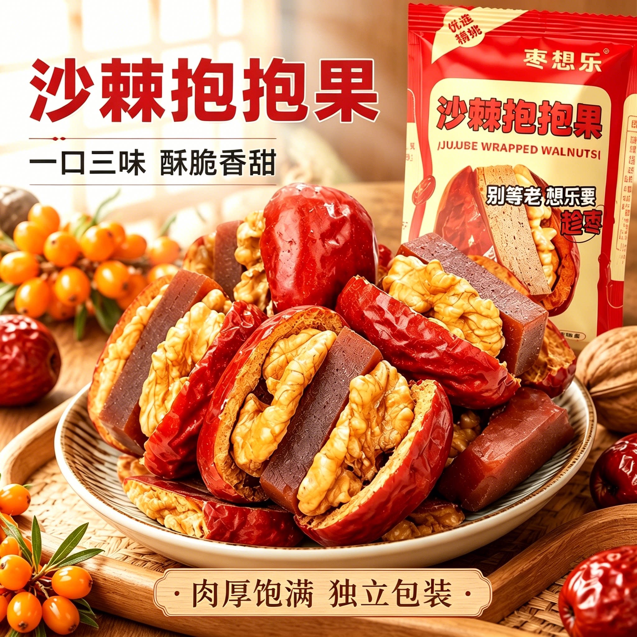 【超一斤】沙棘抱抱果枣夹核桃酸甜零食枣夹核桃美味零食512g/袋