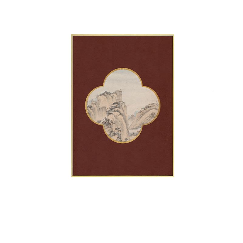 花窗望新中式QZ202201禅意装饰画客厅休闲区山四水风景画叶草红蓝图片