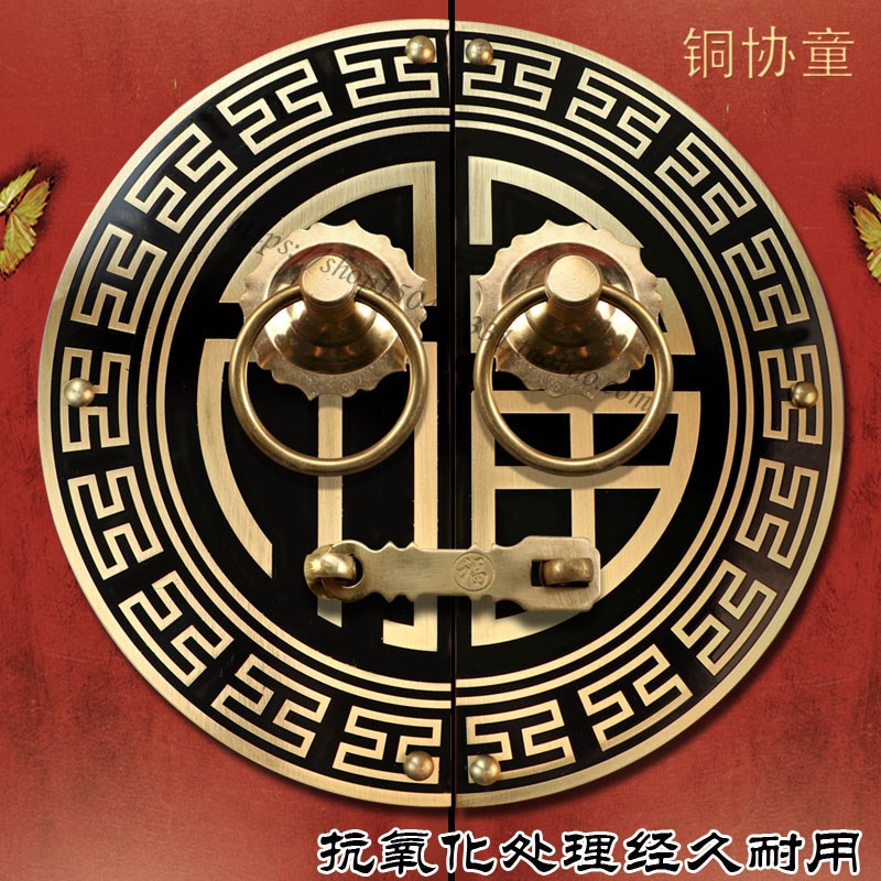 中式纯铜兽头门环门锁大门门栓插销仿古别墅P木门门闩大拉手把手