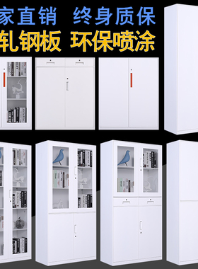 精品纯黑白色铁皮文件柜资料带锁矮柜玻璃员工R办公室储物更衣柜