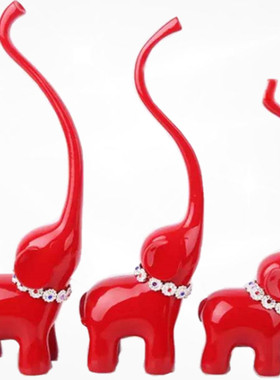 简约三连红色长鼻子小象酒柜摆z件工艺品吉祥三宝大象小鹿结婚礼
