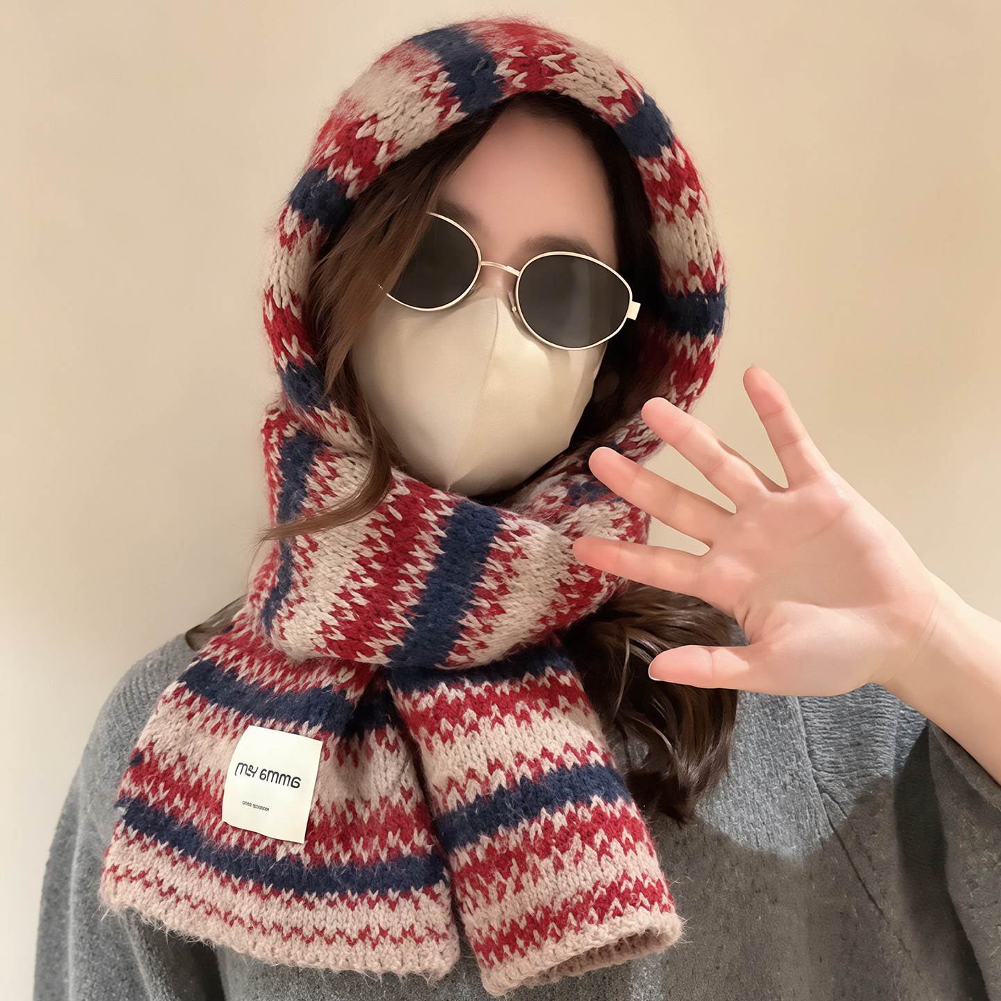 韩系条纹围巾女氛围感拼色针织秋冬加厚防寒保暖披肩围脖2026新款