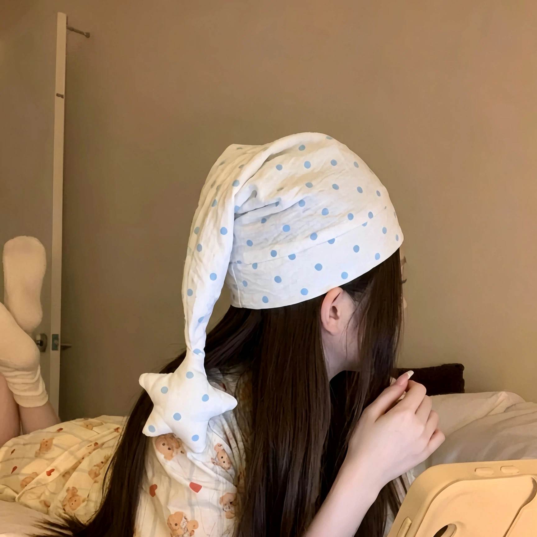 波点星星睡帽尖尖帽可爱女款空调房护头防风防着凉不压头发月子帽
