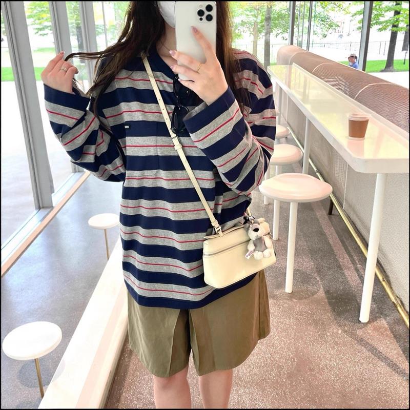 设计感条纹口袋长袖t恤女秋2025新款宽松圆领气质中长款韩版上衣