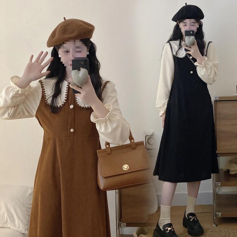 #350实拍灯芯绒大码法式娃娃领连衣裙女假两件胖mm收腰显瘦复古裙