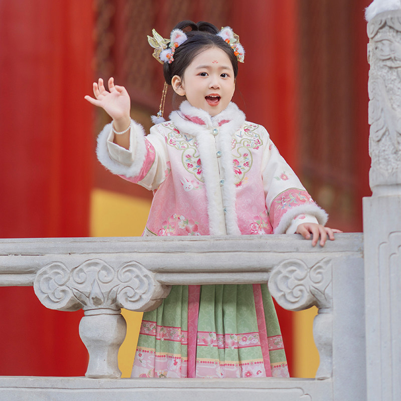 汉服女童冬装中国风女童重工刺绣长裙套装宝宝古装儿童唐装拜年服