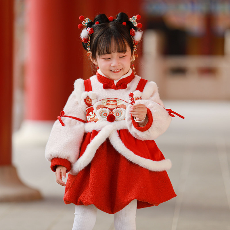 汉服女童冬款2025蛇年刺绣加绒加厚古风唐装中国风儿童旗袍拜年服