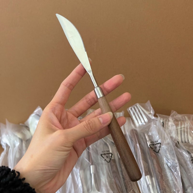 胡桃木柄勺子不锈钢加厚家用高档A精致吃饭汤匙长柄叉子西餐喝汤