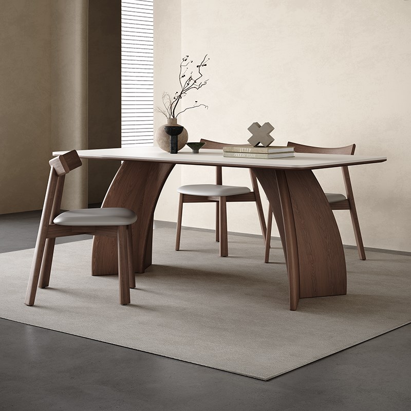 奥古斯特白色岩板餐桌现代简约家用长方形意式极S简实木岩板餐桌
