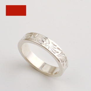 潮港福18K白金唐草纹平打戒指 纯银飞鸟指环男女情侣款百搭送礼潮