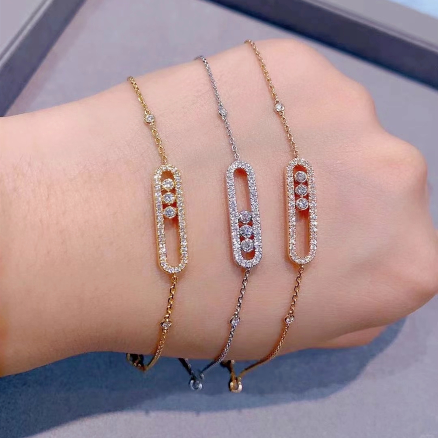 潮港福18K白金三钻滑动手链 女纯银满钻手环手饰玫瑰金轻奢送礼潮