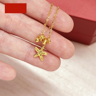 潮港福18K金爆闪碎冰冰辰星跑环海星项链 女纯银金珠锁骨链黄金潮
