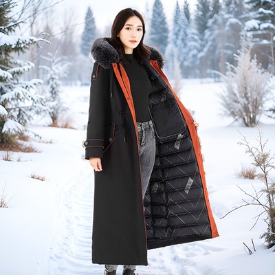 加长款可拆卸保暖白鹅绒羽绒服