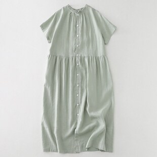 速发棉色亚麻连衣裙夏宽松大码休闲开衫减龄纯麻裙