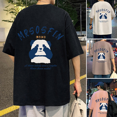 速发国风t夏季新款纯棉熊s印花体恤风over猫ize港衫半袖