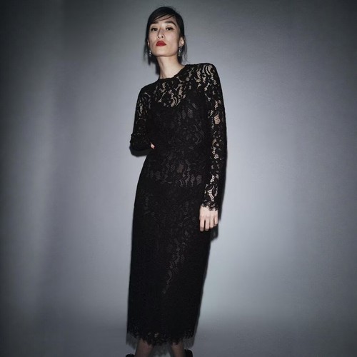 性感风长袖圆领蕾丝迷笛连衣裙女