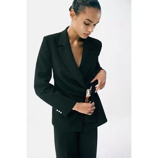 2025ZA秋冬季新品女装酷飒风黑色长袖翻领搭扣饰西装外套 9363590