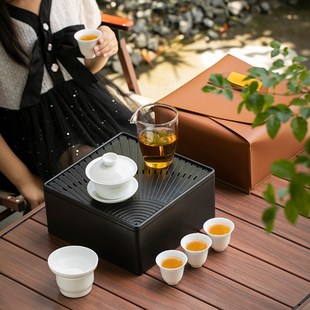 家用盖碗泡茶杯储水盘陶 德化白瓷功夫旅行露营旅游茶x具茶盘套装