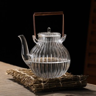 鹤首菊瓣纹玻璃壶耐n热耐高温铜把提梁壶烧水煮茶壶电炉煮茶器