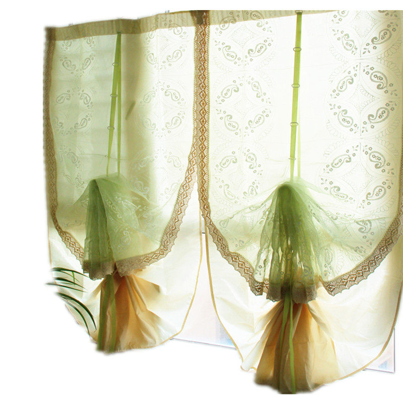 窗纱 绿色田园小清新双层刺绣纱帘升降提K拉帘遮光罗马帘成品包邮
