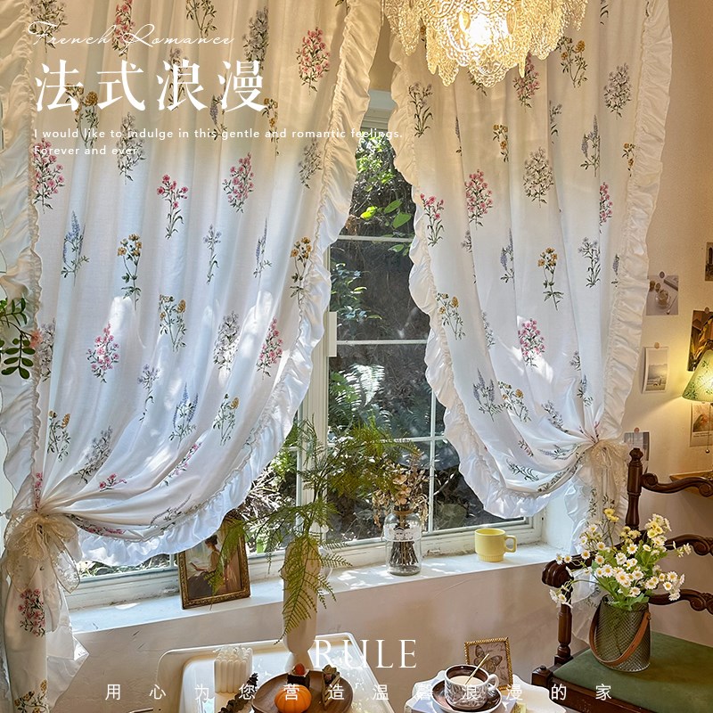 韩式田园窗帘小清新碎花卧室inAs布艺帘子白色遮挡隔断帘美式半帘