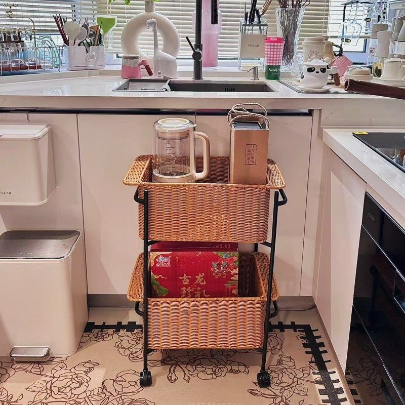 仿藤编小推车置物架客厅沙发厨房床头卫生M间整理储物零食收纳架