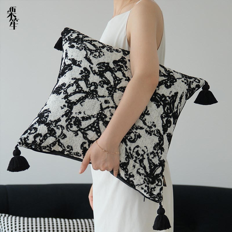 法式复古流苏抱枕客厅沙发黑白组合抱枕设Q计师靠枕民宿靠垫