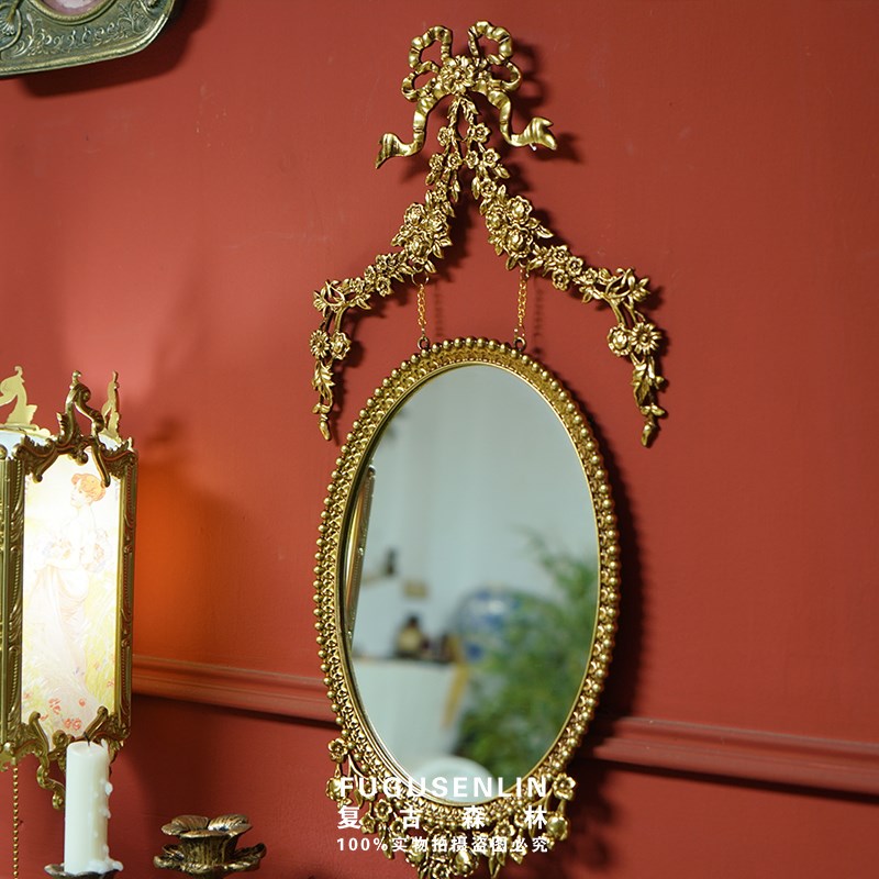 复古森林欧式金属仿m铜金色做旧雕花镜子相框墙面装饰轻奢壁挂镜