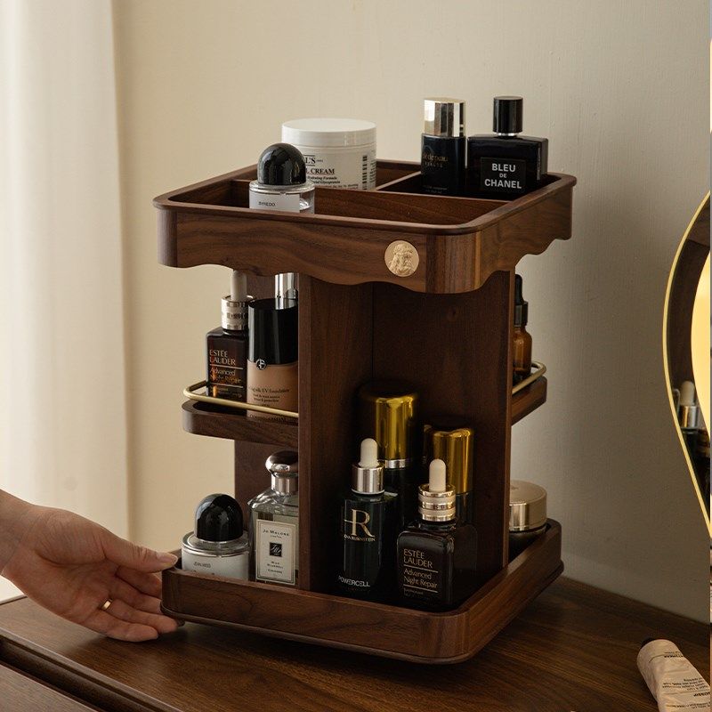 木质旋转化妆品收纳盒桌面u高级感大容量梳妆台香水护肤品置物架
