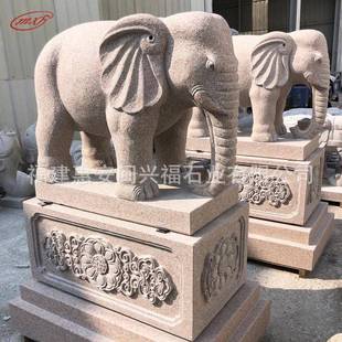 惠安石材光泽红大象晚霞红石雕大象一对户外园林雕塑摆件