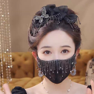 防紫外线面罩 高颜值刺绣蕾丝水钻流苏防晒口罩女防尘面纱透气夏季
