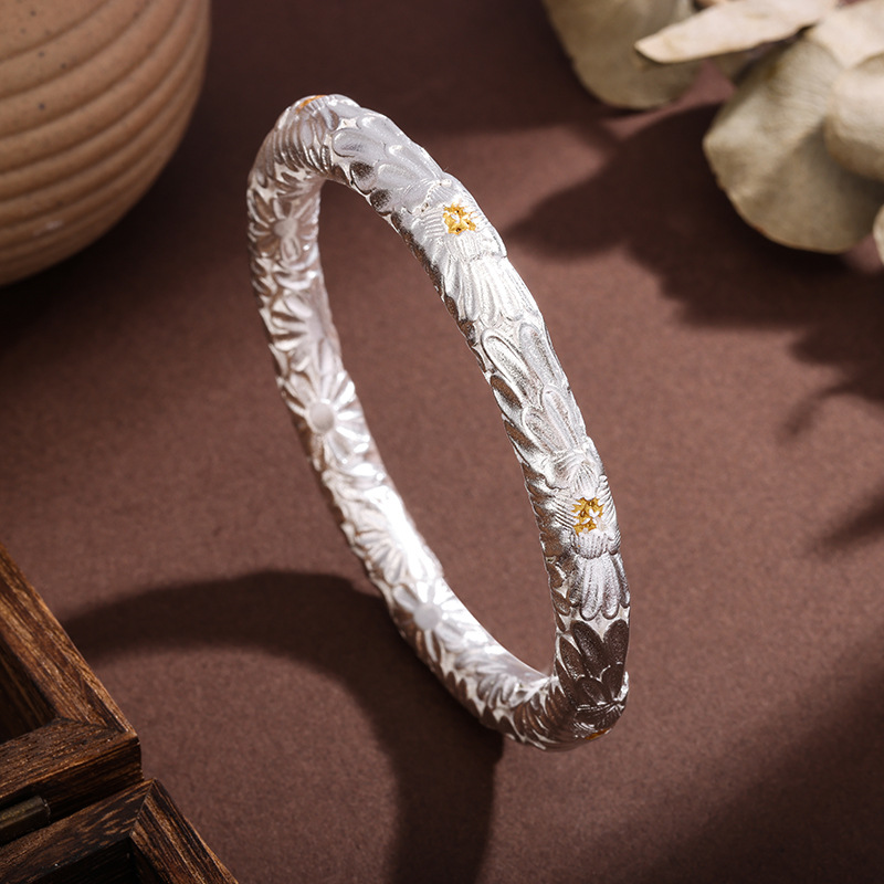 日本品质白铜镀银手镯锤纹点金牡丹百搭闭口手镯浮雕芳华手镯粗款