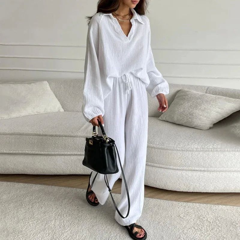 V-neck top drawstring pants setV领衬衫上衣抽绳长裤休闲套装女