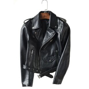 Collar with multiple zippers leather jacket 翻领多拉链短皮衣