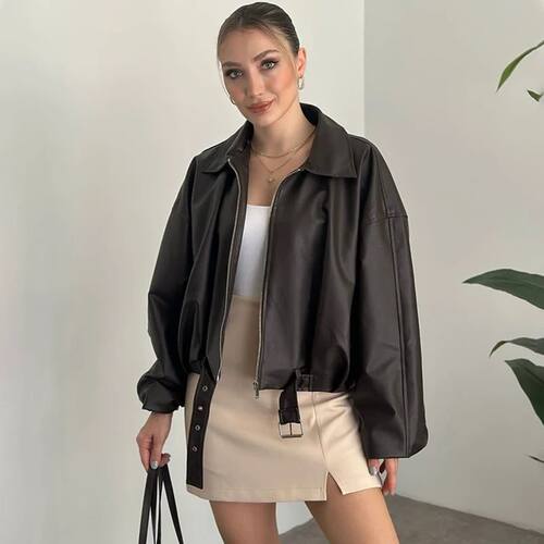 落肩宽松翻领短外套女