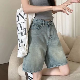 leg straight five quarter Cowboy pants牛仔宽松直筒中裤 loose