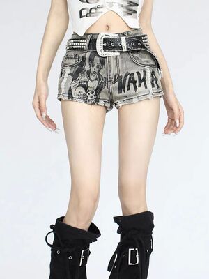 Low waisted printed fringed denim shorts低腰印花毛边牛仔短裤
