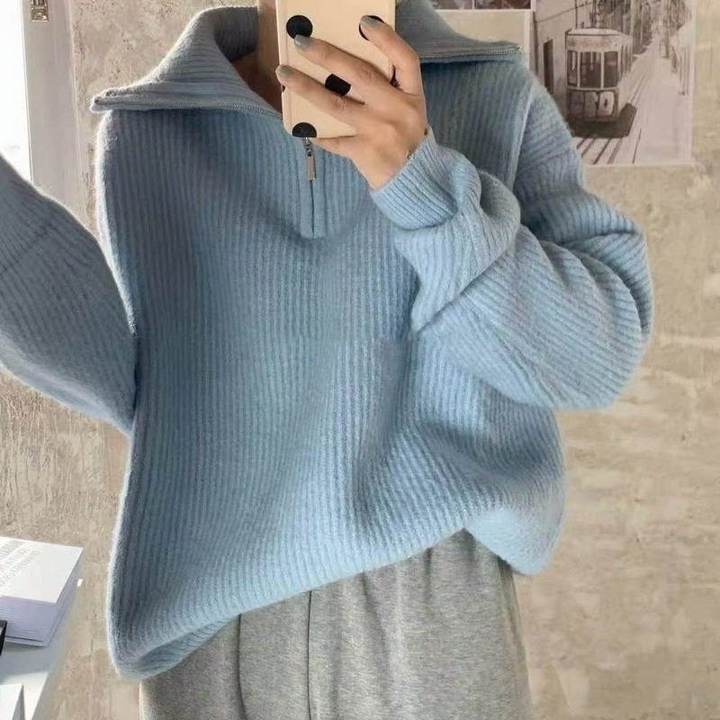 Solid color lapel half zipper casual sweater翻领半拉链毛衣女