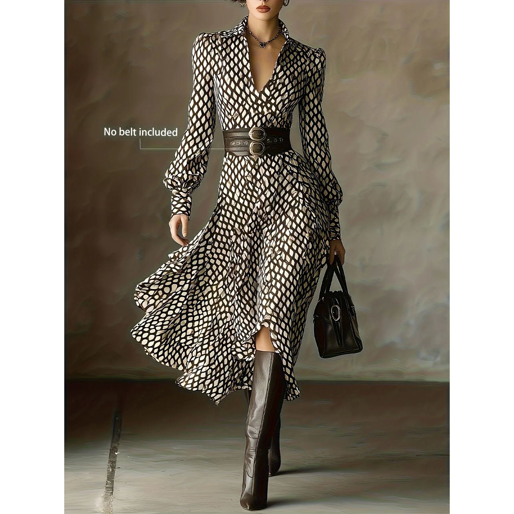 格纹高腰印花衬衫连衣裙Grid high waisted slim fit shirt dress