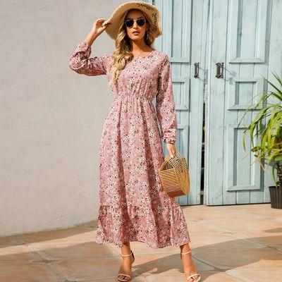 碎花圆领连衣裙Floral round neck long sleeved dress for women